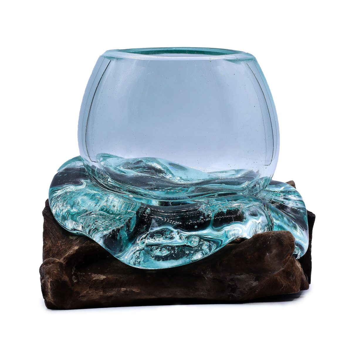 Bocal rond en verre soufflé sur racine plate de Gamal, 17 cm de large