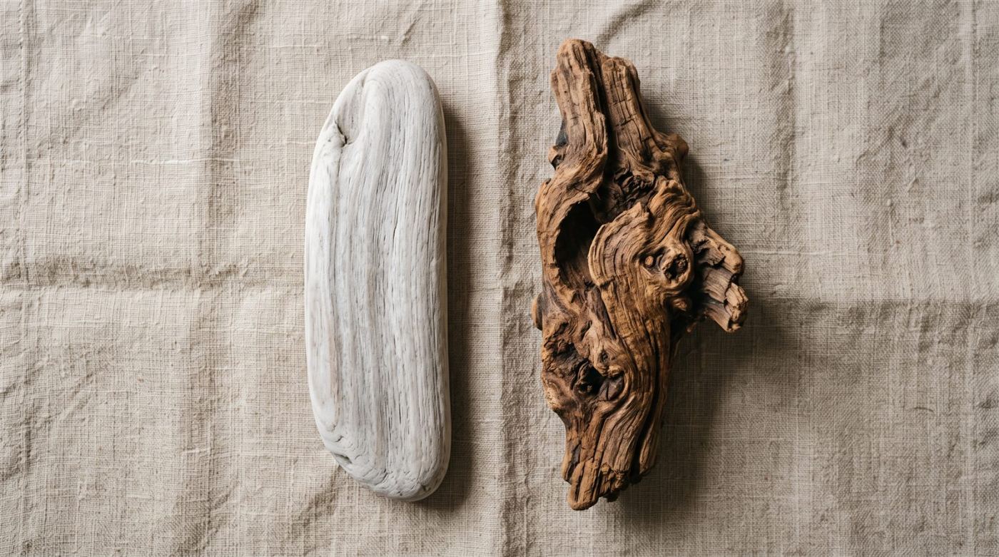 Comparaison entre un bois flotté gris et lisse et une racine brune noueuse, posés sur du lin