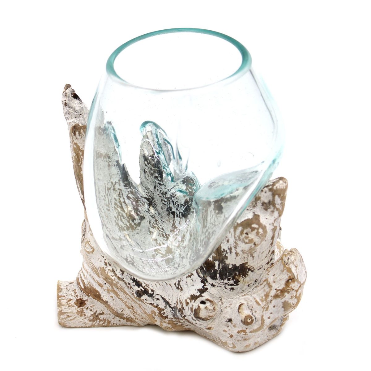 Bol creux en verre soufflé sur racine de bois blanchi, 16 cm, 1,5 kg