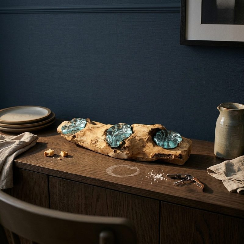 Bougeoir trois flammes en verre soufflé posé en chemin de table sur un buffet en chêne foncé, assiettes en grès empilées et pichet à côté, mur bleu nuit
