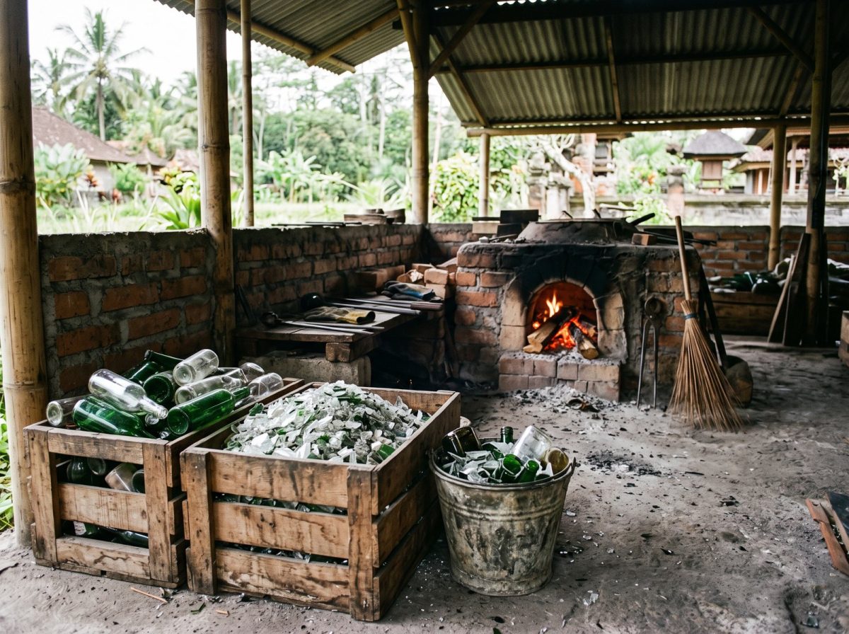 Cageots de bouteilles récupérées et tessons de verre devant le four à bois de l'atelier, à Bali