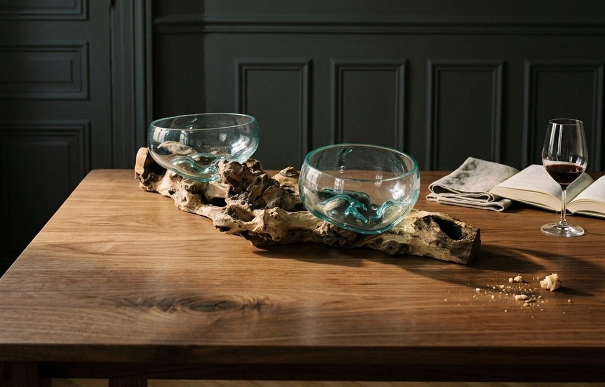 La grande pièce posée en travers d’une table en noyer : une racine porte deux coupes en verre soufflé, dans une salle à manger aux boiseries sombres
