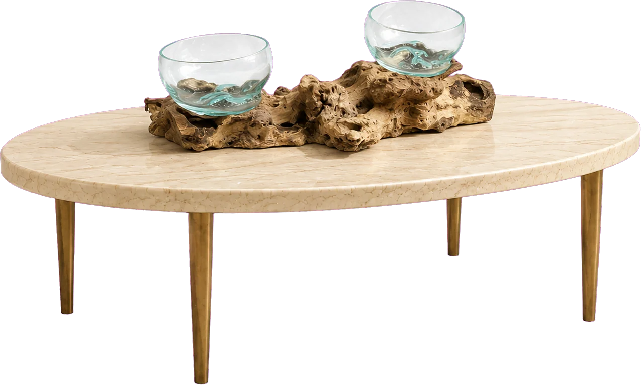 Deux coupes en verre soufflé sur racine de Gamal posées sur une table basse en bois, l'une remplie de fruits, l'autre vide