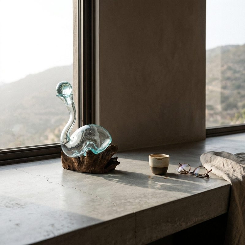 Carafe à décanter en verre soufflé posée sur un rebord de fenêtre en béton ciré, une tasse en grès et des lunettes à côté, collines visibles derrière la vitre