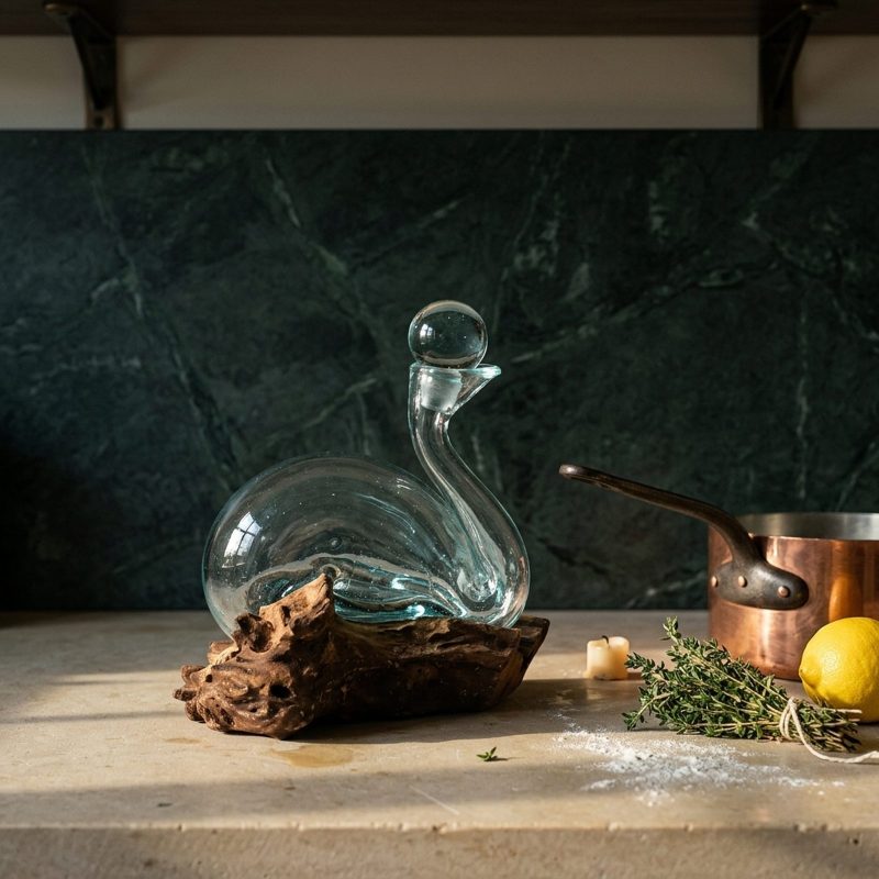Carafe canard en verre soufflé posée sur un plan de cuisine en pierre claire, bouchon rond en place, crédence en marbre vert et botte de thym derrière