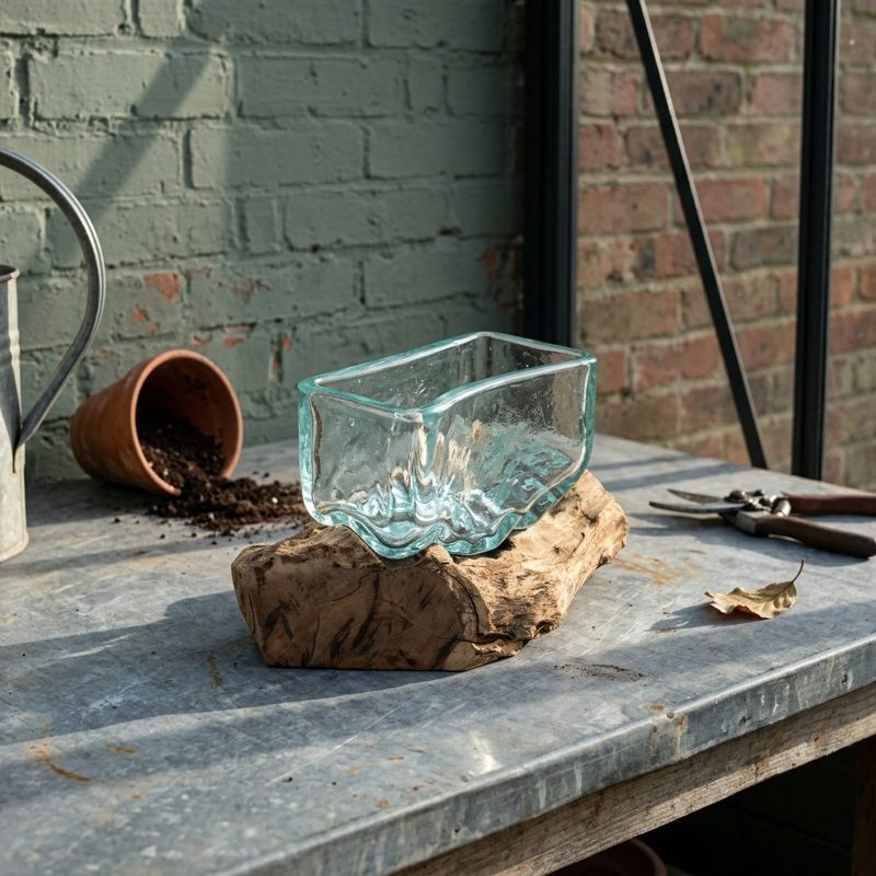 Coupe bassin en verre soufflé posée sur un établi en zinc de véranda, pot en terre cuite renversé et sécateur à côté, mur de briques peintes en vert