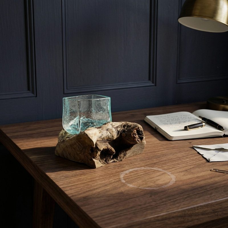 Coupe en verre craquelé posée sur un bureau en noyer sous une lampe en laiton, carnet ouvert et stylo à côté, boiseries bleu nuit en fond