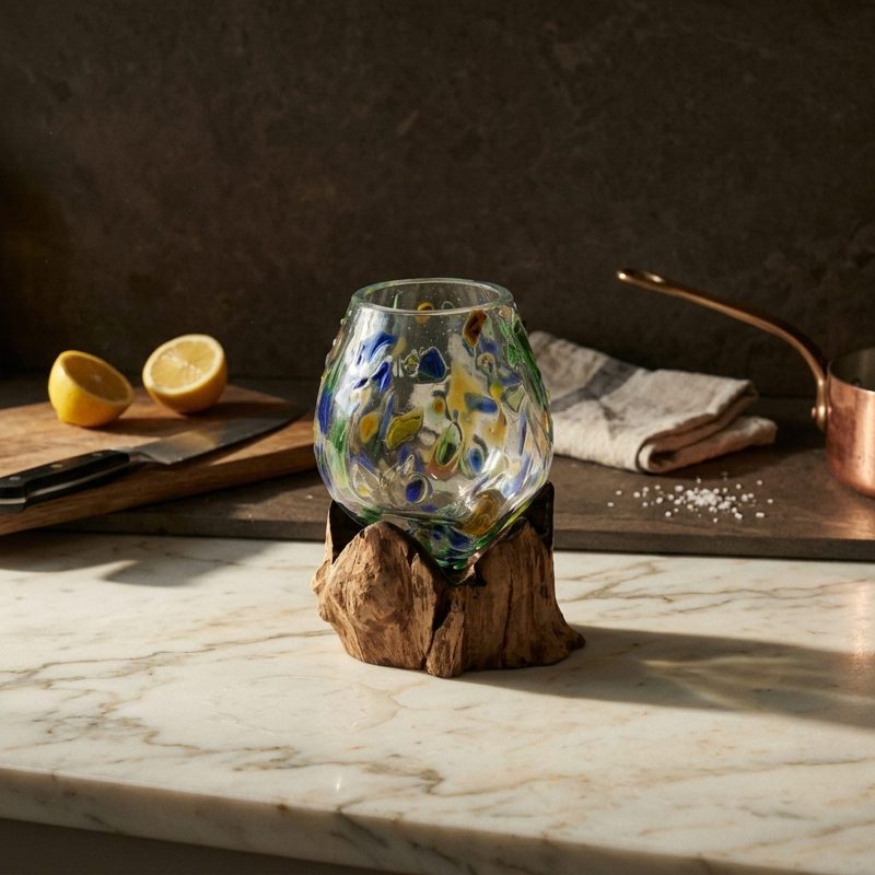 Coupe moyenne en verre soufflé coloré posée sur un plan de travail en marbre blanc, éclats bleus et verts pris dans l'épaisseur, citrons coupés et casserole en cuivre derrière