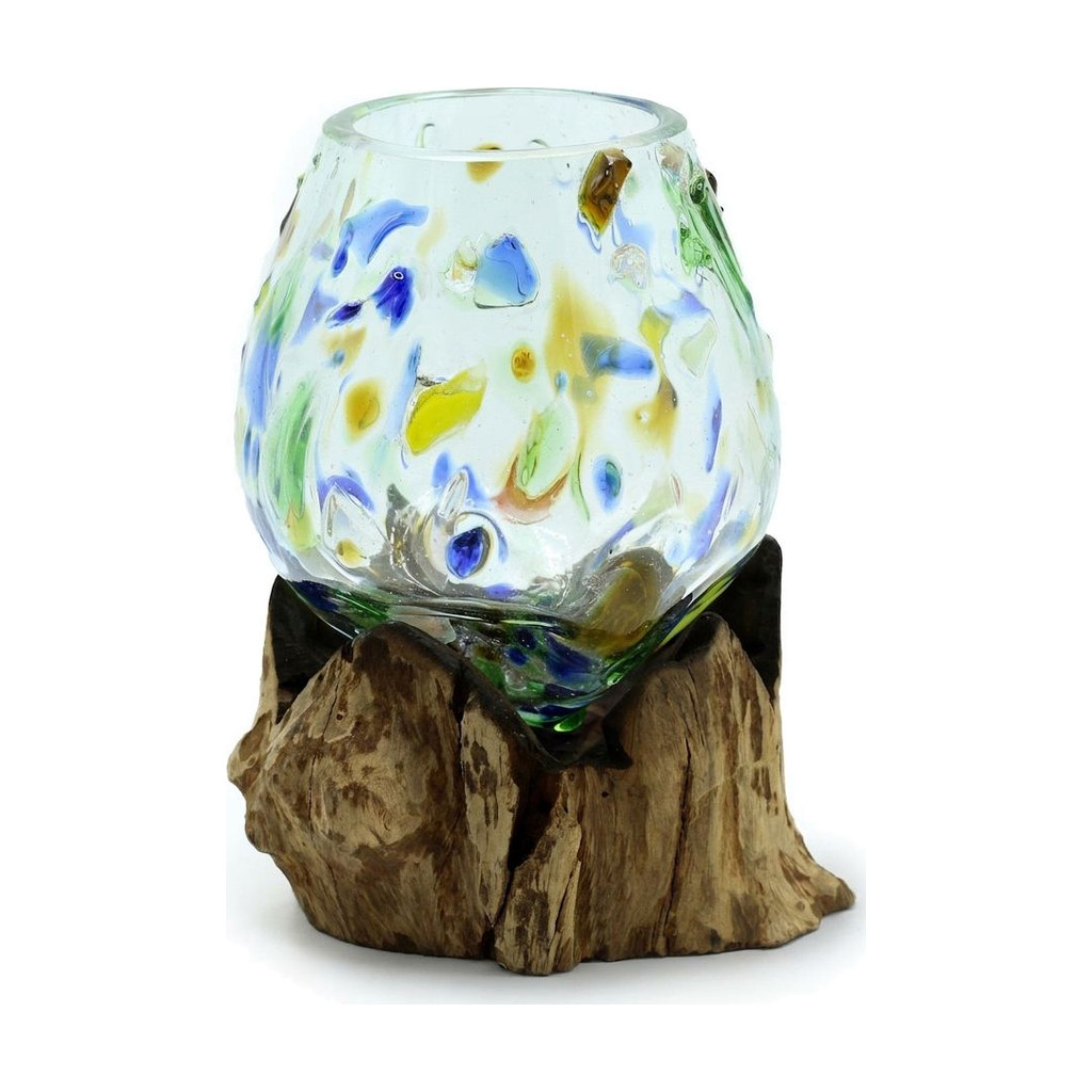 Coupe en verre soufflé teinté de bleu, de vert et de jaune sur racine