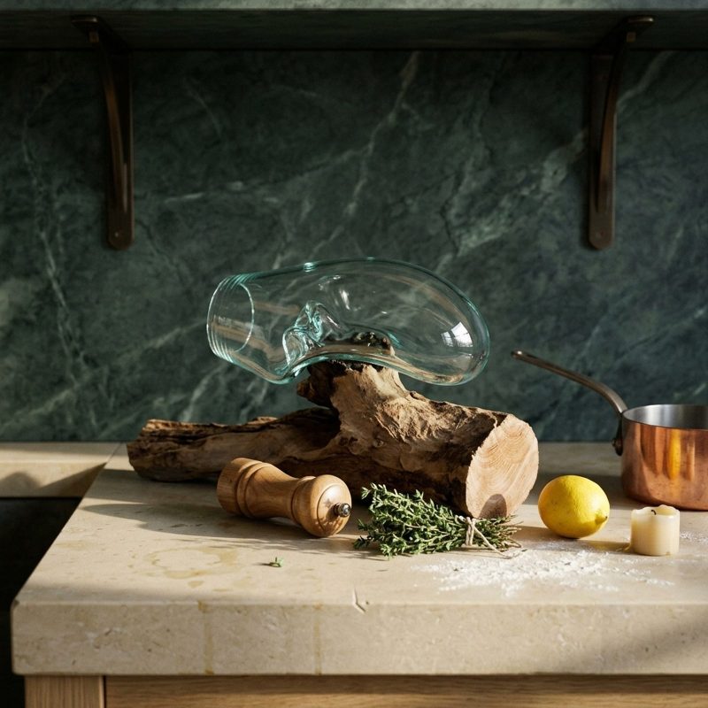 Coupe suspendue en verre soufflé posée sur un îlot de cuisine en pierre claire, devant une crédence en marbre vert, botte de thym et citron à côté