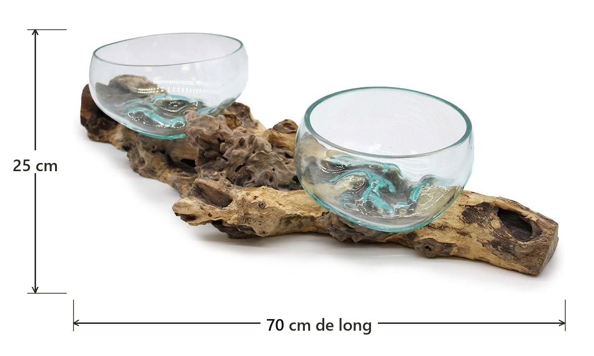 Cotes du grand vase en bois et verre soufflé : 70 cm de long au minimum et 25 cm de haut