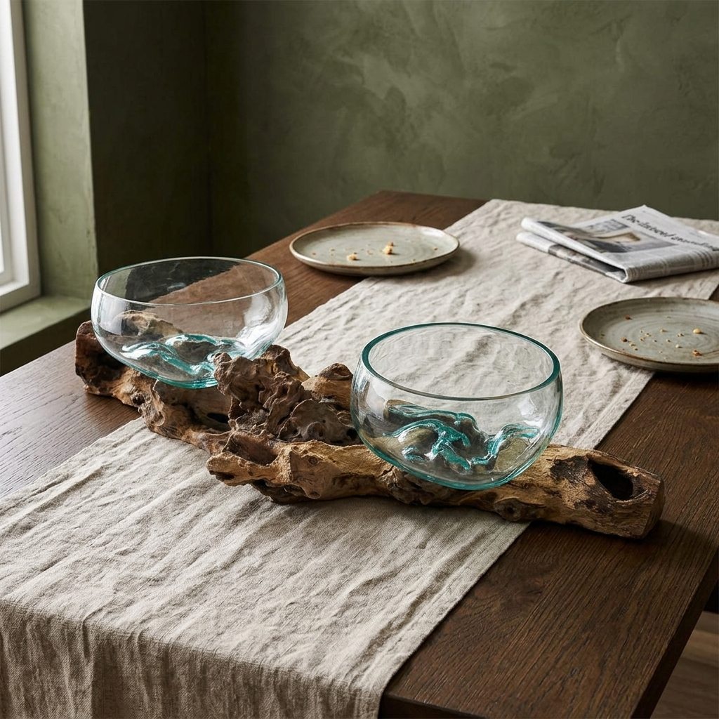 Racine de Gamal de 70 cm au moins posée à plat au milieu d'une table de repas en chêne, deux coupes de verre soufflé dessus, deux assiettes à côté pour l'échelle