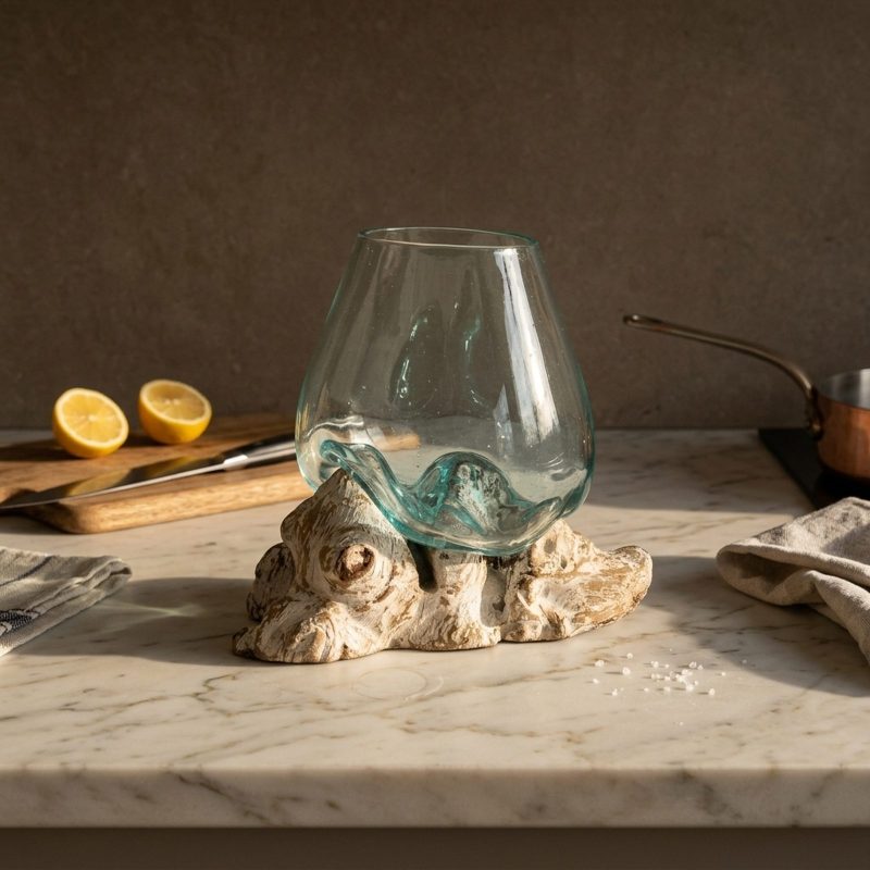 Grande coupe en verre soufflé posée sur un plan de travail en marbre clair, socle en bois blanchi, citrons coupés sur une planche et torchon de lin à côté