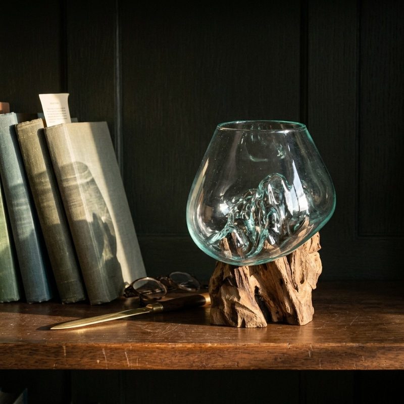 Grande coupe haute en verre soufflé posée sur une étagère en bois ciré, entre une rangée de livres anciens et une paire de lunettes, boiseries vert sombre en fond