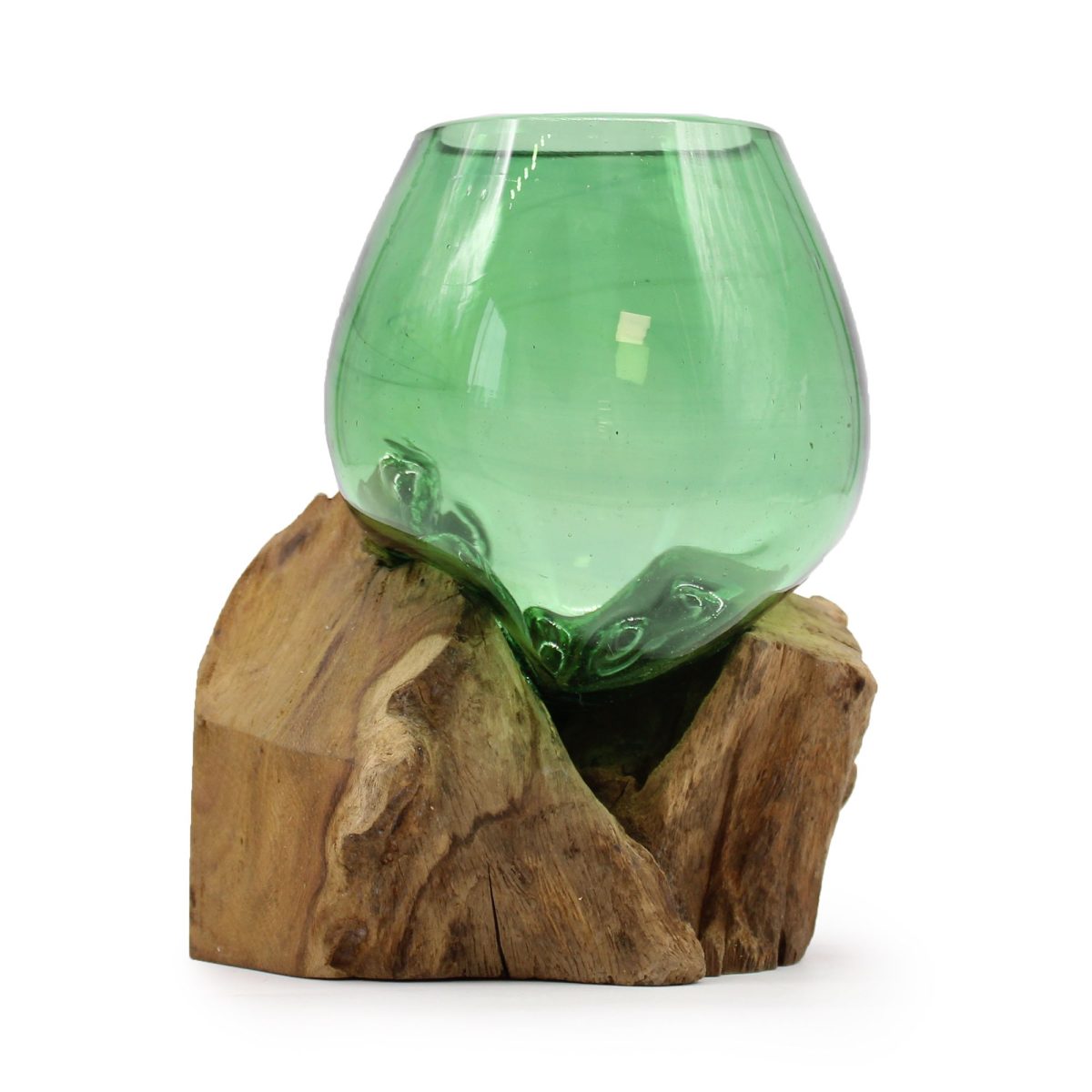 Petit bol en verre de bouteille recyclée sur racine de Gamal, vue 1