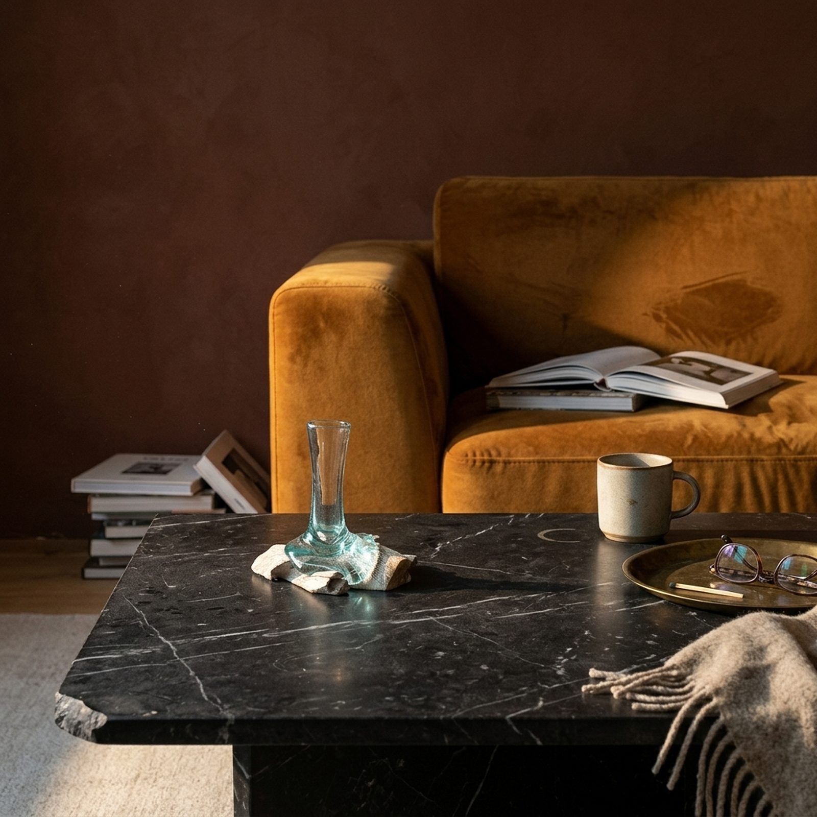 Petit vase en verre soufflé posé sur une table basse en marbre noir devant un canapé en velours ocre, tasse en grès et plateau en laiton sur le même plateau