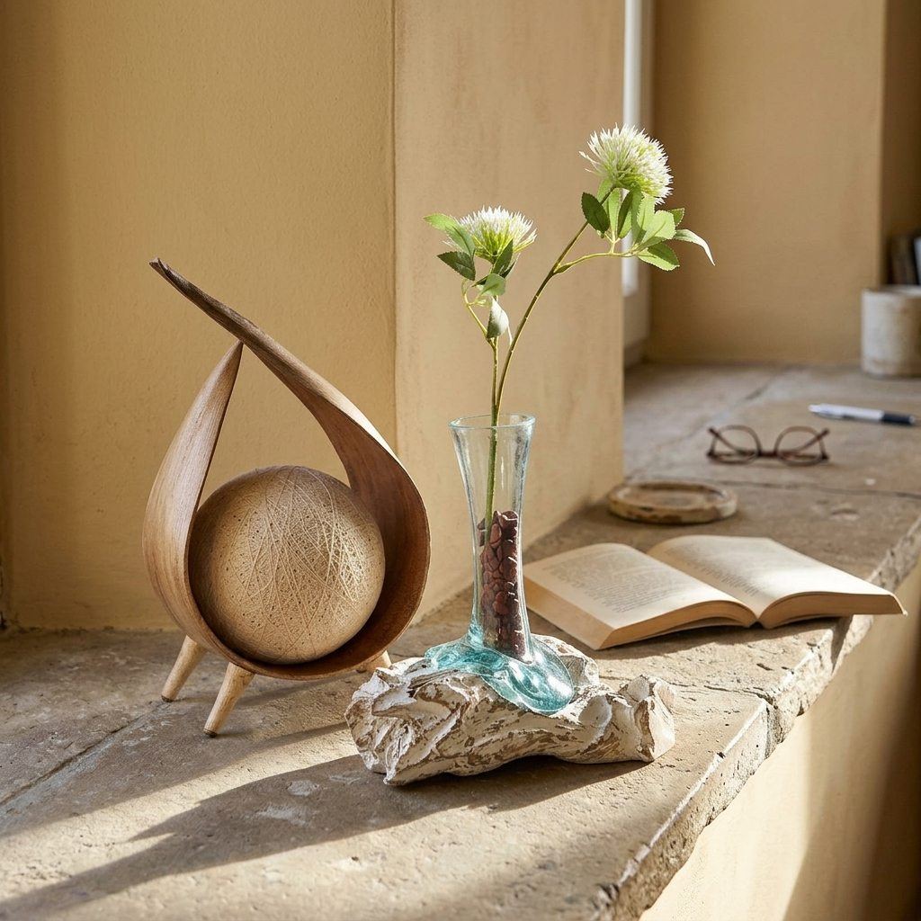 Petit vase sur bois blanchi posé dans un intérieur, à l'échelle réelle