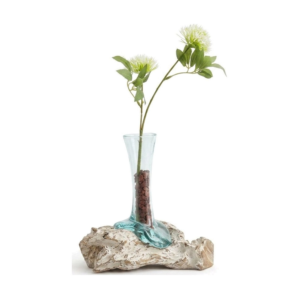Petit soliflore de verre soufflé sur racine de bois blanchi, garni d'une fleur blanche