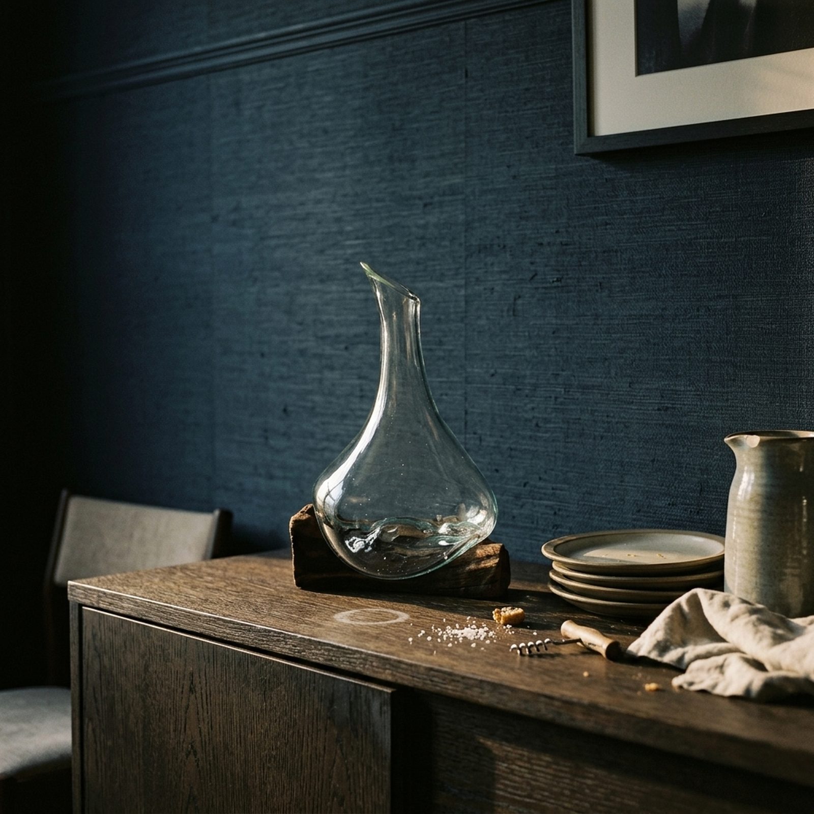 Petite carafe en verre soufflé posée sur un buffet en chêne foncé, assiettes en grès et tire-bouchon à côté, mur bleu nuit et cadre accroché derrière