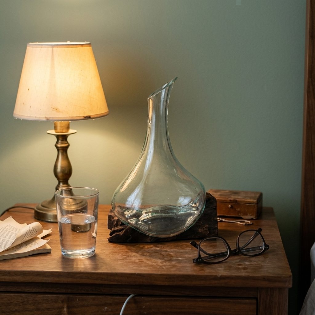 Petite carafe, 20 cm posée dans un intérieur, à l'échelle réelle