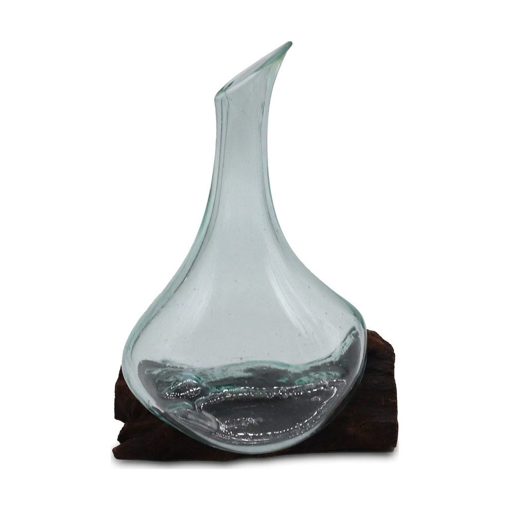 Carafe de service à ligne simple en verre soufflé sur racine de bois