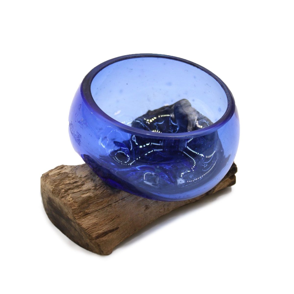 Petite coupe en verre soufflé bleu sur racine de Gamal, 12 cm