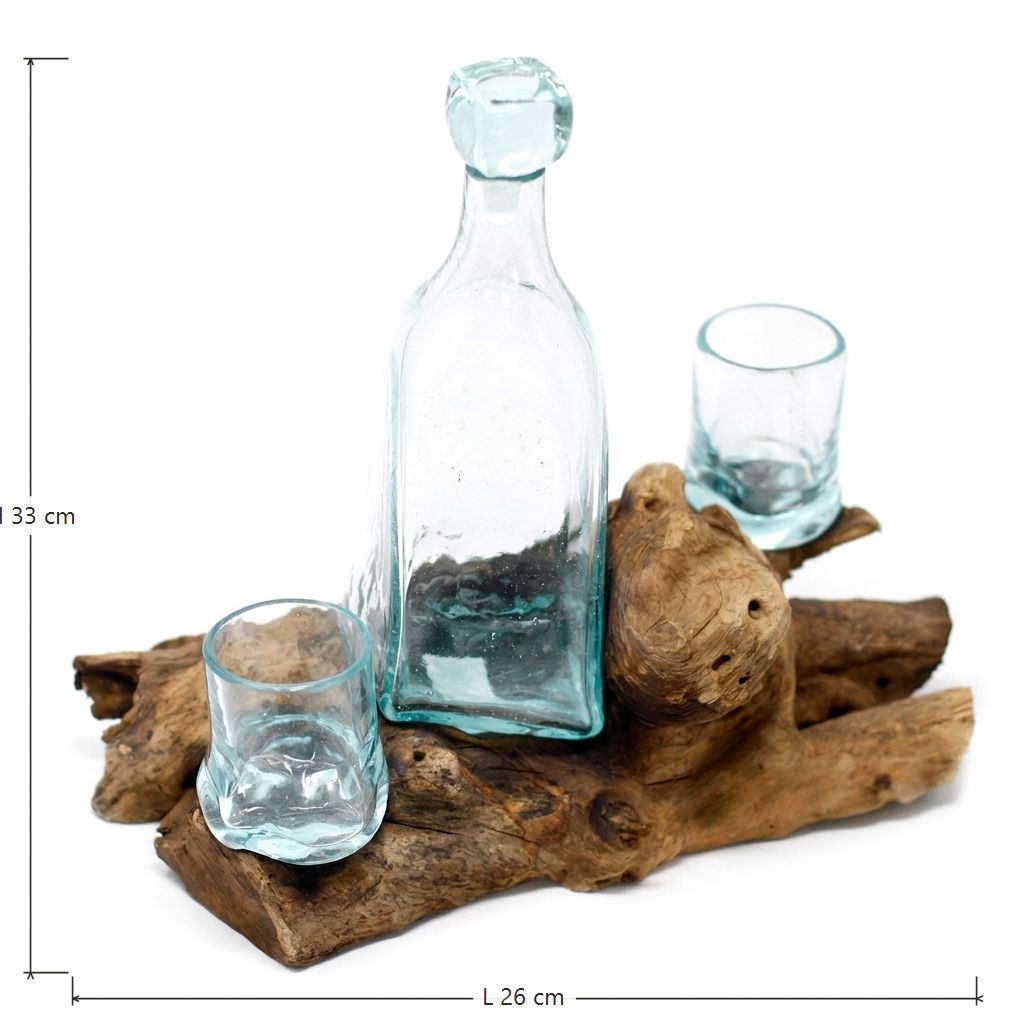 Set whisky, carafe et verres sur racine, dimensions : hauteur 33 cm, largeur 26 cm