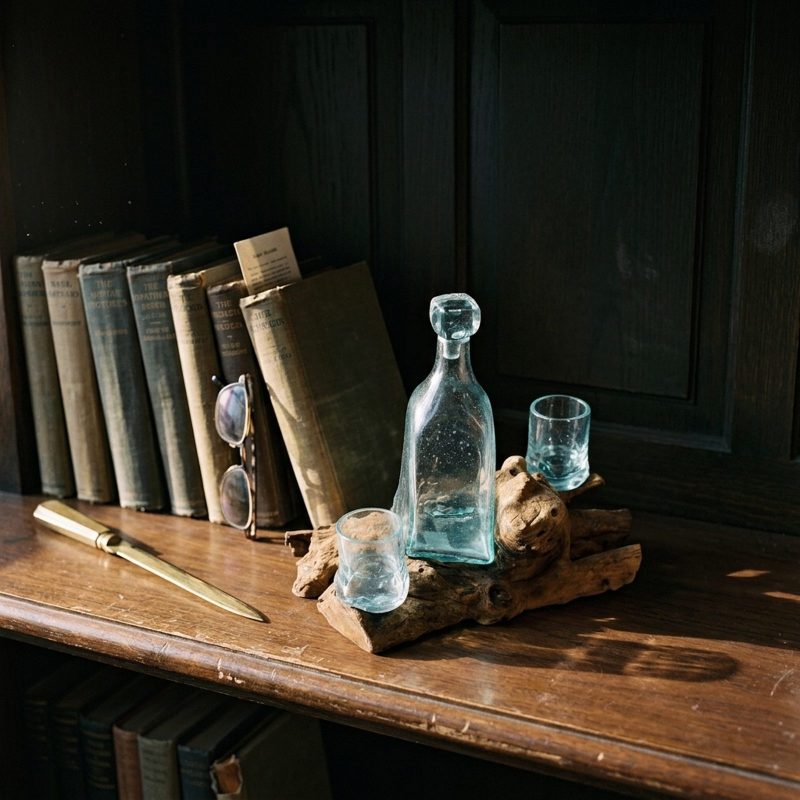Set whisky en verre soufflé posé sur un meuble en bois ciré, carafe et deux verres alignés sur leur racine devant une rangée de livres anciens