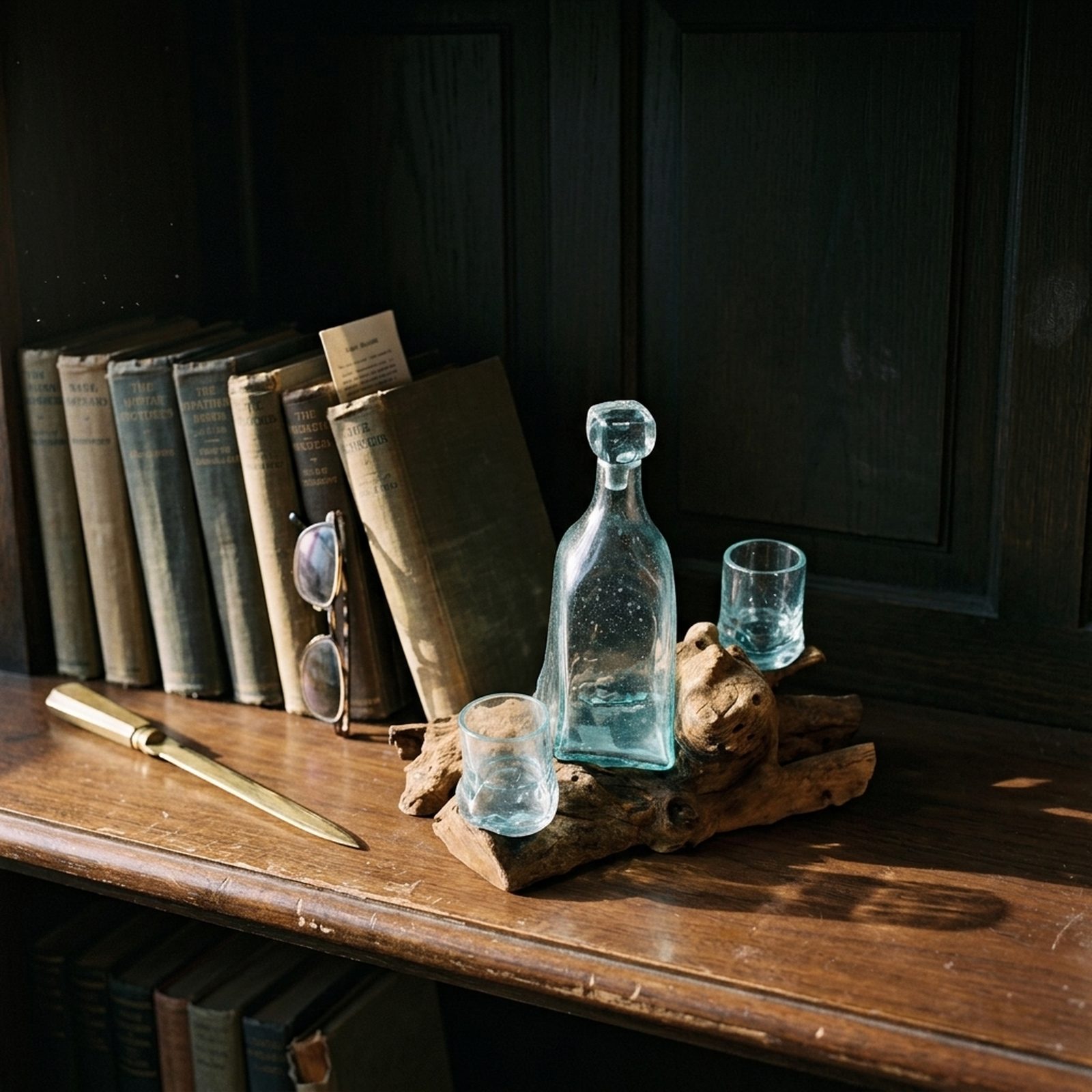 Set whisky en verre soufflé posé sur un meuble en bois ciré, carafe et deux verres alignés sur leur racine devant une rangée de livres anciens