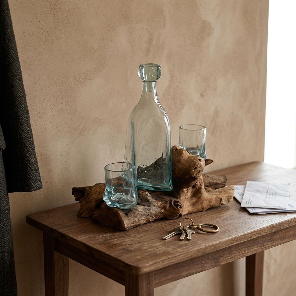 Set whisky, carafe et deux verres posés dans un intérieur, à l'échelle réelle