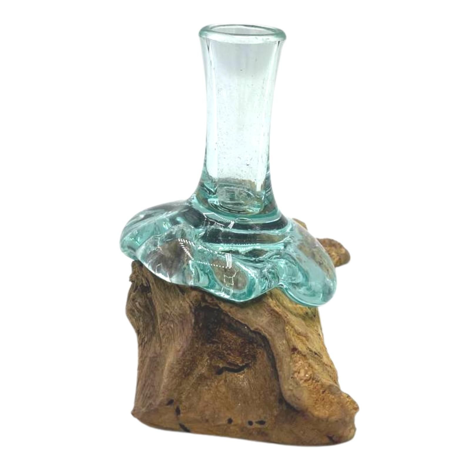 Soliflore d'appoint, gros plan sur la jonction entre le verre soufflé et le bois
