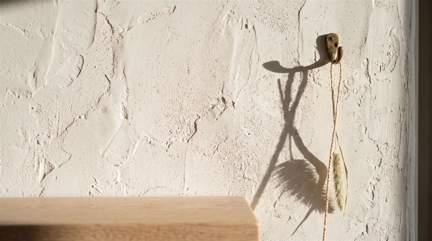 Crochet en laiton sur un mur de plâtre blanc, tige séchée suspendue et son ombre portée