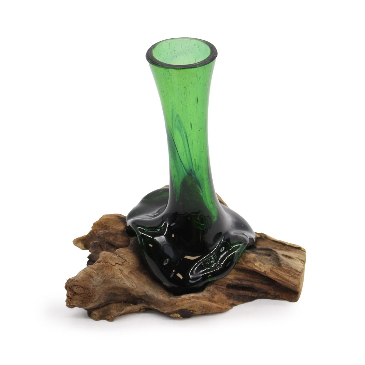 Soliflore en verre de bouteille recyclée sur racine de Gamal, vue 1