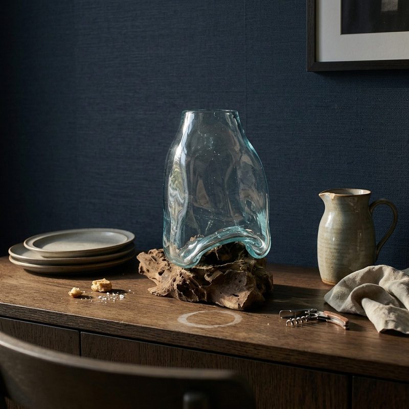 Vase jarre en verre soufflé posé vide sur un buffet en chêne foncé, assiettes en grès empilées et pichet en céramique à côté, mur bleu nuit