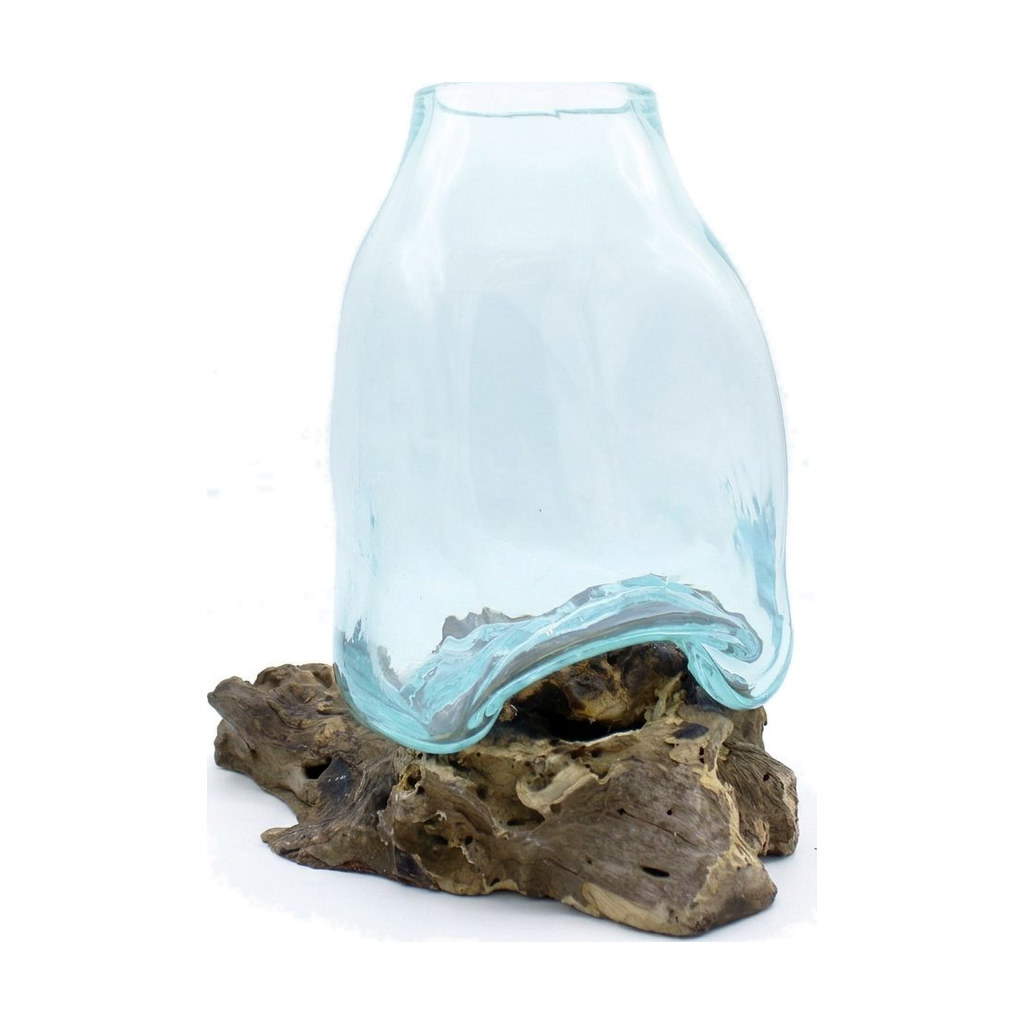 Vase jarre ventru en verre soufflé sur une grande racine de Gamal